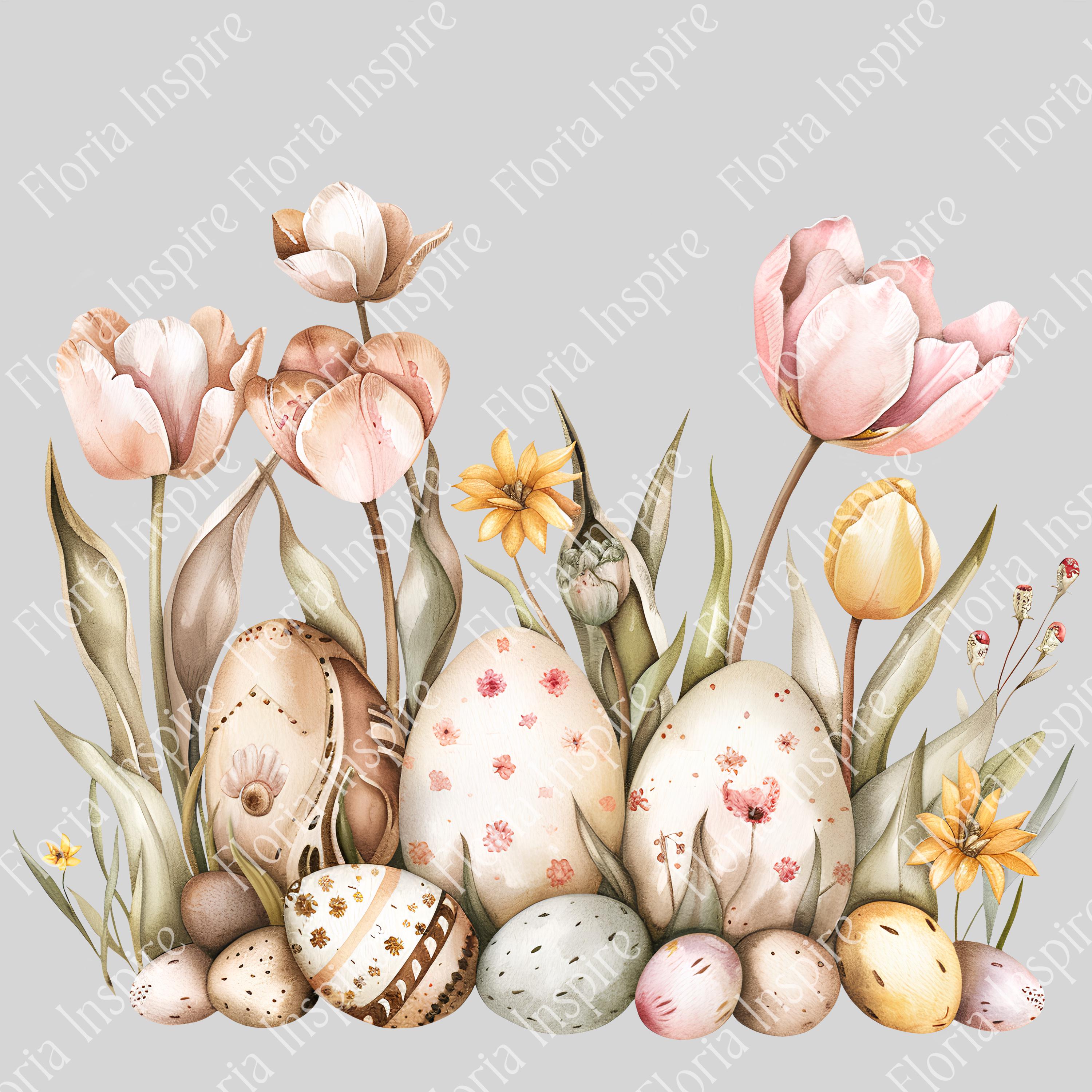 Watercolor Easter Tulips & Eggs Clipart Set: Digital Borders for Spring ...