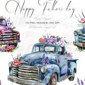 Vintage Aquarell LKW Blumen Clipart-Set - 10 PNG Vatertagsgeschenk digitale Illustrationen