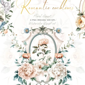 Emblemas florales románticos y elegantes: Clipart de boda vintage en acuarela para diseños botánicos