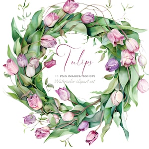 Aquarell Tulpen Clipart Collection: Elegante Frühlingssträuße, Kränze & Blumenarrangements for Design