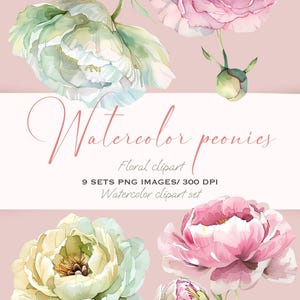Vintage Watercolor Peony Compositions for Wedding Invitations, Cards & Floral Clipart PNG Sets
