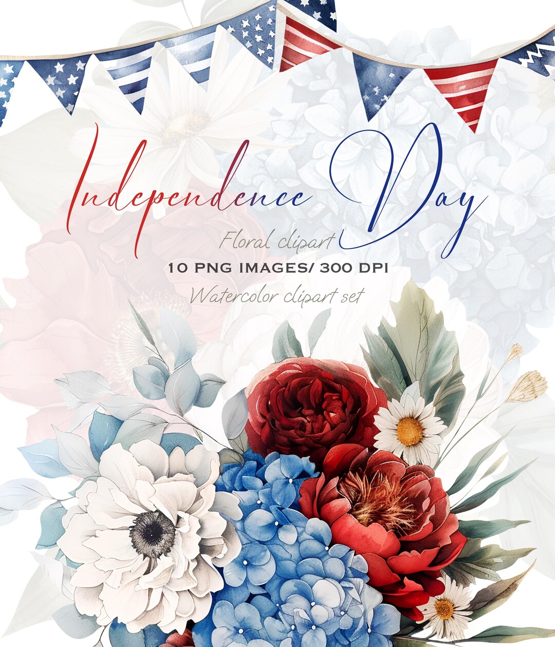 Patriotic Floral Clipart Set: 4th of July USA Graphics (PNG Digital ...