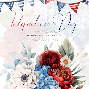 Patriotic Watercolor Floral Clipart Set | 4th of July PNG Graphics for USA Independence Day Decor