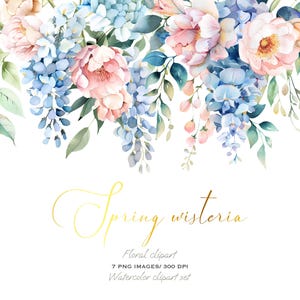 Paquete de imágenes prediseñadas de glicinas y peonías en acuarela: ramos florales primaverales para decorar bodas e imprimirlos.