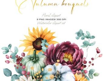 Autumn Pumpkin Bouquets – 9 Watercolor Fall Floral Clipart PNGs