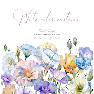 Elegante set di PNG con acquerello Eustoma: 58 elementi per inviti di nozze, biglietti e disegni floreali
