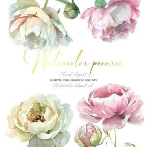 Vintage Watercolor Peony Compositions for Wedding Invitations, Cards & Floral Clipart PNG Sets