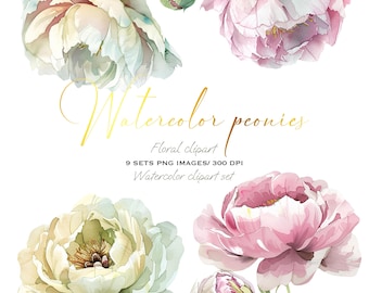 Vintage Watercolor Peony Compositions for Wedding Invitations, Cards & Floral Clipart PNG Sets