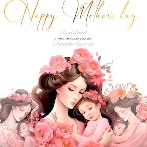 Muttertag Clipart: Mama umarmt Kind mit Blumen - Digital PNG Illustration Set für Karten