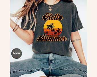 Hello Summer Shirt, Comfort Colors, Summer Beach Graphic Shirt, Vacation Shirt, Retro Summer Shirt, Summer Vibes Shirt, Tropical Shirt.