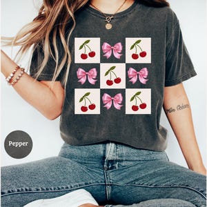 Checkered Cherry Shirt, Comfort Colors, Cherry Bow Shirt, Cherry Coquette Tee, Cute Ribbon Shirt, Retro Cherries Graphic Tee, Cherries Tee.