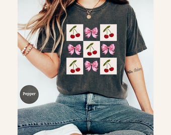 Checkered Cherry Shirt, Comfort Colors, Cherry Bow Shirt, Cherry Coquette Tee, Cute Ribbon Shirt, Retro Cherries Graphic Tee, Cherries Tee.