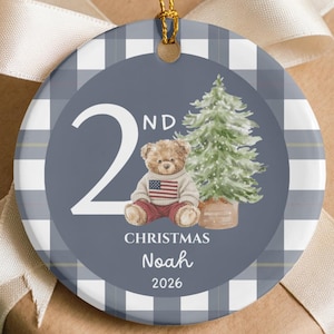 Personalized Baby Boy Second Christmas Ornament, USA Teddy Bear Keepsake, Custom Name Toddler Gift, Grandson Christmas Ornament 2026