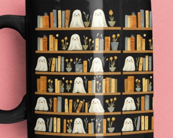 Spooky Ghost Bookshelf Mug, Cute Halloween Coffee Cup, Book Lover Gift, Cozy Fall Bookish Mug, Librarian Coffee Cup,  Reading Teacup