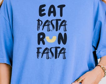 Koszulka „Jedz makaron, biegnij szybko”, koszulka „Kompletna kolorystyka”, prezent dla miłośników gier słownych o jedzeniu