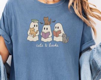 Shirt katten en boeken, cadeau voor kattenliefhebbers en lezers, Halloween leesgrage T-shirt, gezellig comfort kleuren T-shirt, bibliothecaris leraar cadeau, boekenwurm
