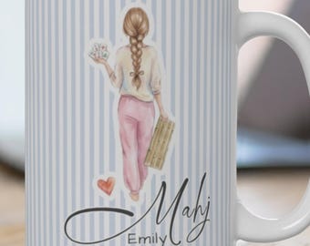 Personalized Mahjong Mug, Preppy Mahj Girls Coffee Cup, American Mahjong Gift, Crack Bam Dot Game Night, Trendy Stripes Mug