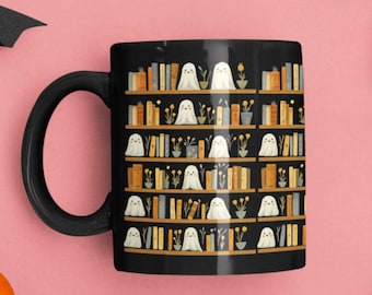 Spooky Ghost Bookshelf Mug, Cute Halloween Coffee Cup, Book Lover Gift, Cozy Fall Bookish Mug, Librarian Coffee Cup,  Reading Teacup