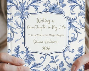 New Chapter Journal Personalized Blue Toile Notebook, Graduation Retirement New Job Gift, Custom Name Hardcover Journal