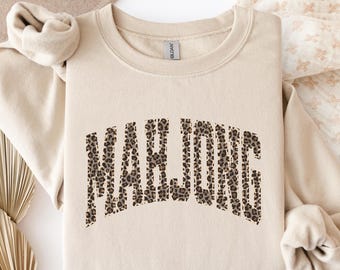 Trendy Leopard MahJong Sweatshirt for Women, Varsity Mahjongg Hoodie, Mahj Girl Game Night Sweater Mah-Jongg Enthusiast Crewneck, Mahj Gifts