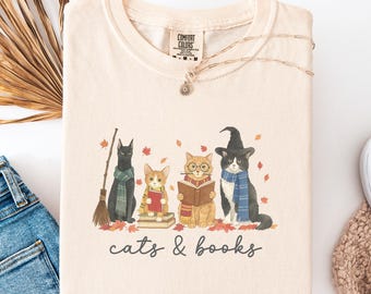 Camiseta de gatos y libros, camiseta de gato mago para amantes de los libros, colores cómodos, camiseta de lectora, linda camiseta de gato lector, regalo para amantes de los libros, club de lectura, regalo para amantes de los gatos