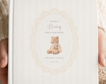 Personalized Teddy Bear First Birthday Photo Guest Book, Beary First Birthday Memory Book, Birthday Letters Keepsake, Neutral Photo Album