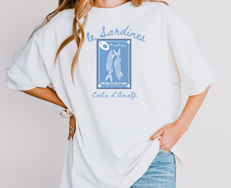 Sardines Shirt, Canned Fish T-Shirt, Gift for Foodie and Chef, Gift for Italian Lovers, Amalfi Coast Shirt, Comfort Colors Shirt, Italy Trip,Vintage-style Comfort Colors® t-shirt featuring sardines can illustration with lemon slice and coastal Italian details, foodie aesthetic