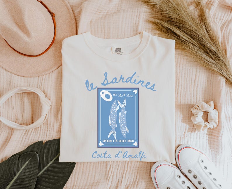 Sardines Shirt, Canned Fish T-Shirt, Gift for Foodie and Chef, Gift for Italian Lovers, Amalfi Coast Shirt, Comfort Colors Shirt, Italy Trip,Vintage-style Comfort Colors® t-shirt featuring sardines can illustration with lemon slice and coastal Italian details, foodie aesthetic