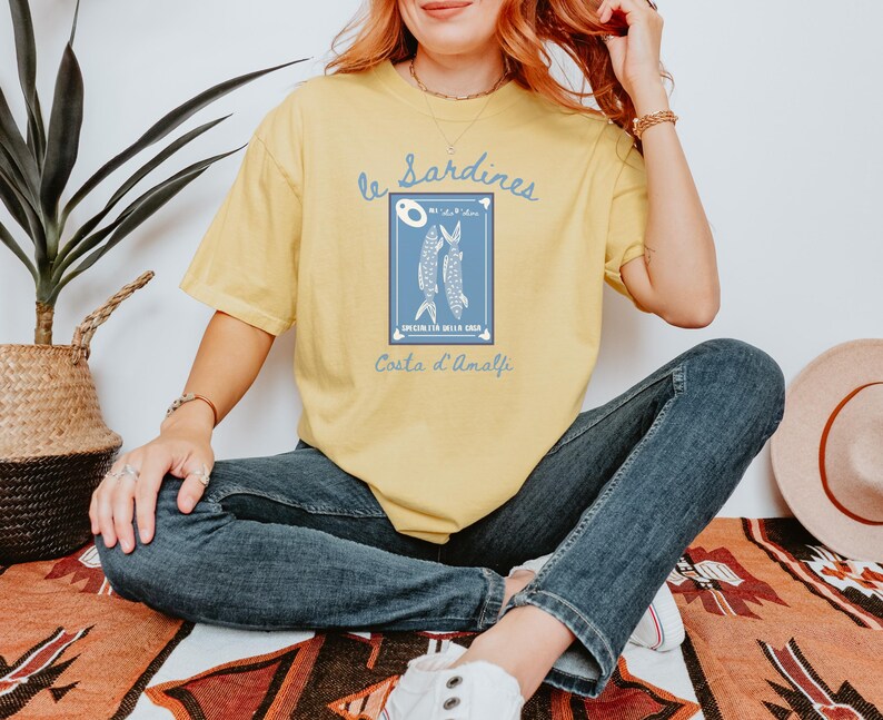 Sardines Shirt, Canned Fish T-Shirt, Gift for Foodie and Chef, Gift for Italian Lovers, Amalfi Coast Shirt, Comfort Colors Shirt, Italy Trip,Vintage-style Comfort Colors® t-shirt featuring sardines can illustration with lemon slice and coastal Italian details, foodie aesthetic