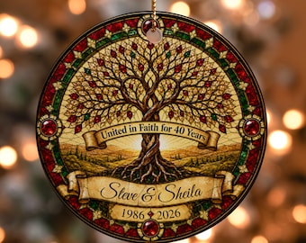 Ornement personnalisé du 40e anniversaire pour grands-parents ou parents Faux vitrail catholique souvenir de mariage doré ornement de foi personnalisé