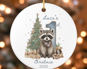 Babys First Christmas Ornament 2025, Personalized Baby 1st Christmas Keepsake, Custom Woodland Raccoon Ornament, Newborn Christmas Gift
