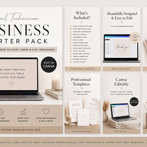 May include: A digital business starter pack for nail technicians featuring editable Canva templates. The display includes a laptop, client record cards, and various marketing materials in a neutral beige colour palette with black text.