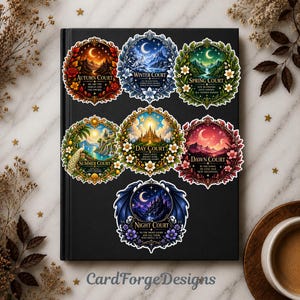 May include: Seven circular stickers arranged on a black book cover. Each sticker features a unique landscape scene representing a court: Autumn, Winter, Spring, Summer, Day, Dawn, and Night. Each design includes ornate borders, celestial elements, and text.