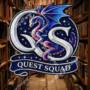 May include: Embroidered patch featuring a blue, pink, and purple dragon with large wings, set against a dark blue background with stars. The patch has the text "QUEST SQUAD" on a banner and the letters "QS" in a circle.