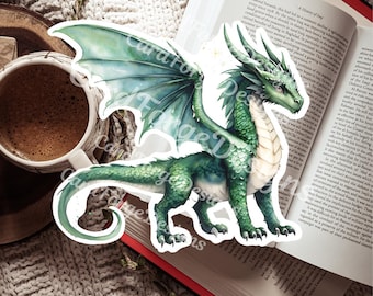 Naklejka z zielonym majestatycznym smokiem, naklejka winylowa dla czytelnika fantasy