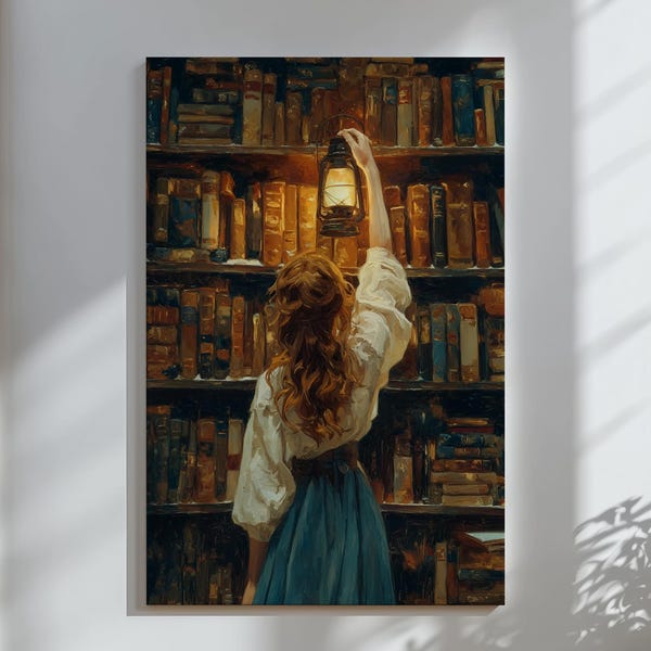 Victorian Library Woman Wall art, Dark Academia Print, Cottagecore Decor, Book Lover Gift, Vintage Book Oil Painting