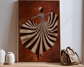 May include: A framed artwork depicts a figure in a flowing dress with alternating black and beige stripes, set against a reddish-brown background. The artwork is displayed above a wooden bench with white vases and a canvas bag.