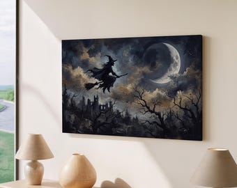 Flying Witch Canvas Wall Art, Dark Academia Moon Halloween Decor, Vintage Spooky Haunted Castle Painting