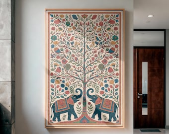 May include: A framed artwork featuring a vibrant tree design with colorful flowers and foliage. Two blue elephants with patterned blankets stand beneath the tree. The artwork is displayed in a well-lit hallway, adding a touch of nature-inspired art.