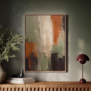 Sage Green and Terracotta Wall Art, Abstract Oil Painting, Minimalist Wabi-Sabi Art, Earth Tone Large Canvas for Japandi Living Room