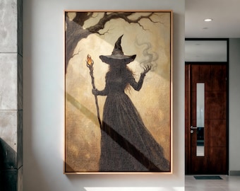 Witch with Staff Canvas Wall Art, Gothic Halloween Decor, Dark Academia Printing, Vintage Fantasy Artwork, Spooky Season