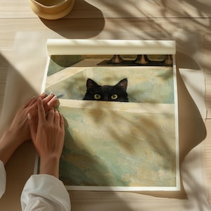 May include: A painting depicting a black cat peering over a bathtub's edge. The cat's yellow eyes are visible. The artwork uses a soft, muted colour palette with green and beige tones. The painting is on a roll of paper.