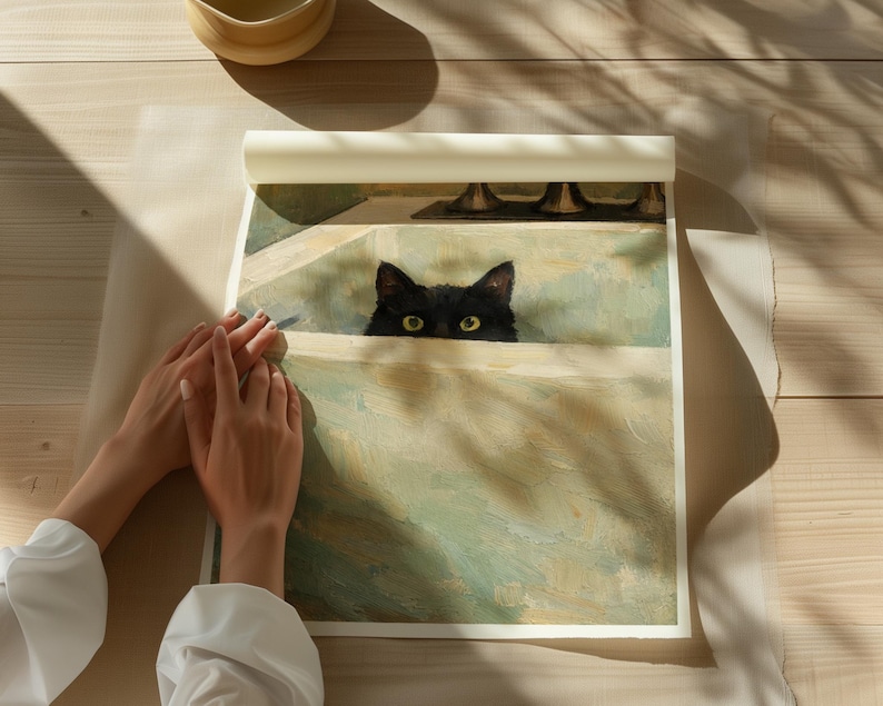 May include: A painting depicting a black cat peering over a bathtub's edge. The cat's yellow eyes are visible. The artwork uses a soft, muted colour palette with green and beige tones. The painting is on a roll of paper.