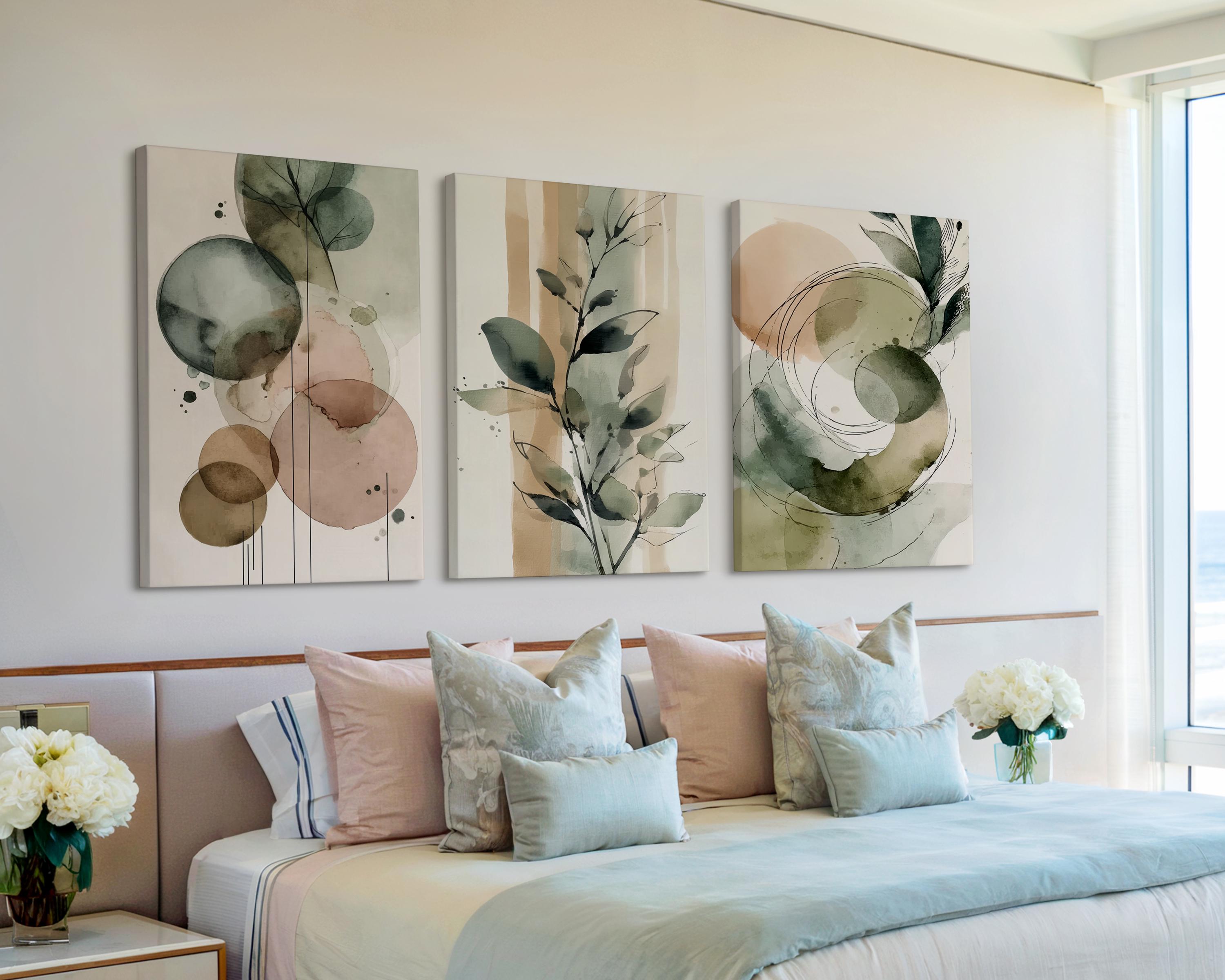 Japandi Boho Botanical Canvas Wall Art, Set of 3 Prints, Sage Green ...