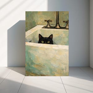 May include: Oil painting depicting a black cat peering over the edge of a white sink. The sink is set against a light green wall and a brass tap. The cat's yellow eyes are visible in the artwork.
