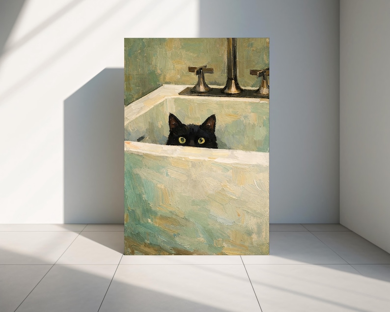 May include: Oil painting depicting a black cat peering over the edge of a white sink. The sink is set against a light green wall and a brass tap. The cat's yellow eyes are visible in the artwork.