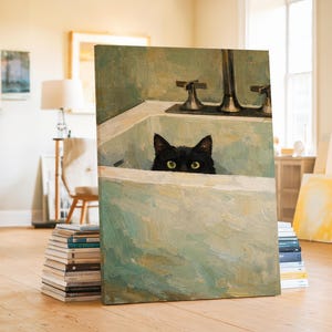 May include: A canvas print depicting a black cat in a bathtub. The painting uses a muted colour palette of greens and whites. The cat's eyes are a bright yellow. The artwork has a painterly style.