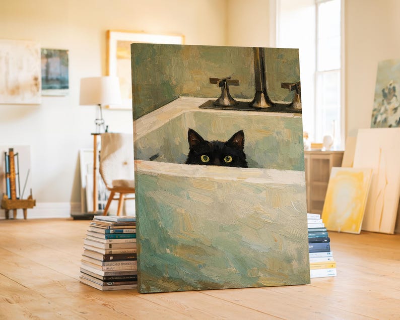 May include: A canvas print depicting a black cat in a bathtub. The painting uses a muted colour palette of greens and whites. The cat's eyes are a bright yellow. The artwork has a painterly style.