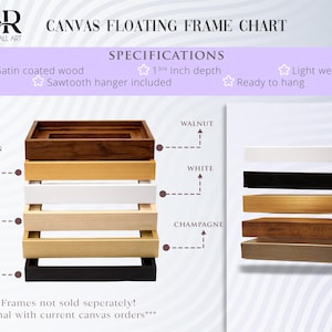 May include: A display of canvas floating frame options from INR Wall Art. The frames come in colours such as golden, oak, black, walnut, white, and champagne. Specifications include satin coated wood, 4.45 cm depth, a sawtooth hanger, and are lightweight.