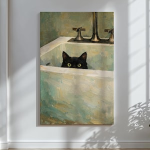 May include: A vertical painting shows a black cat peering over the edge of a white bathtub. The cat's yellow eyes are visible. The background features a green-toned bathroom with silver taps. The artwork has a painterly style.